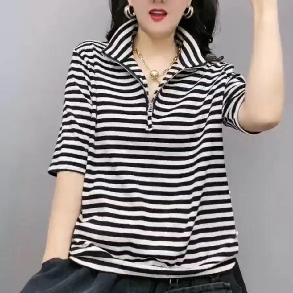 2024夏季新款立领韩版短袖T恤条纹拉链卫衣宽松显瘦减龄上衣