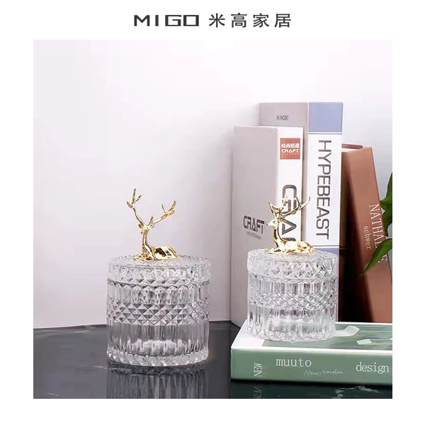 【米高家居】简约手工透明欧式锌合金轻奢小鹿美式糖果罐水晶摆件