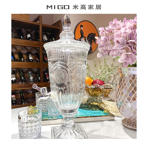 【米高家居】网红风透明家用复古浮雕无铅玻璃果汁缸冷水壶啤酒桶