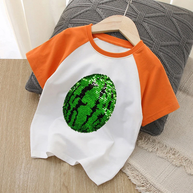男女童短袖T恤夏季2022纯棉儿童亮片西瓜图案中小童变色翻转趣味