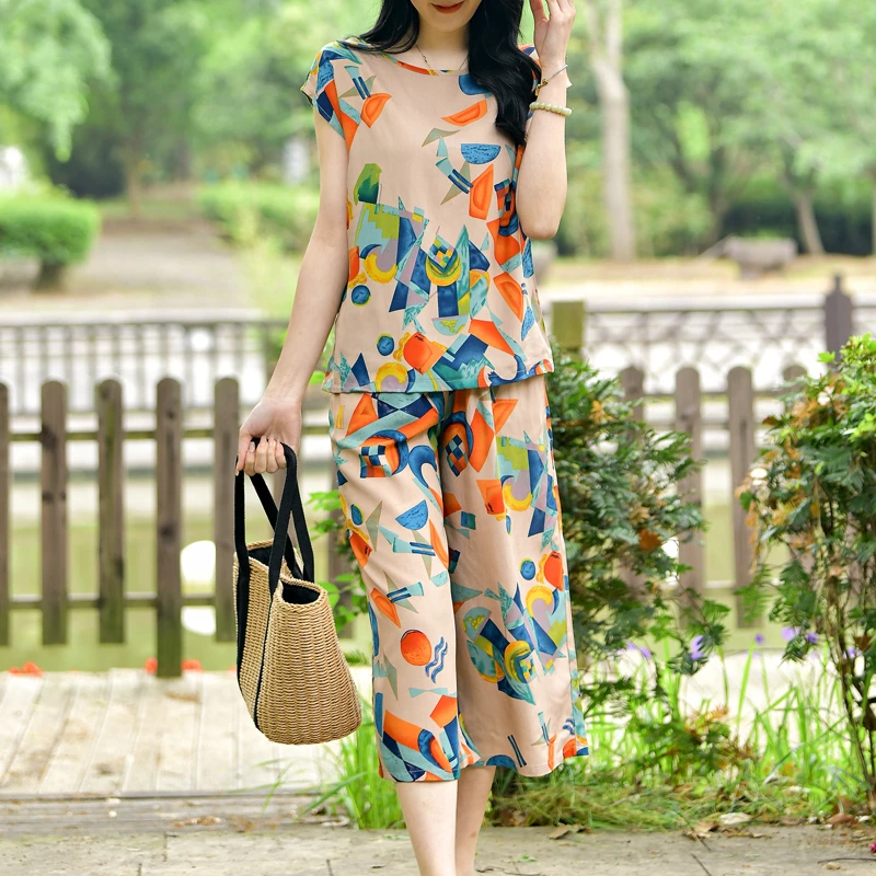 2025棉绸套装女夏洋气两件套阔腿裤棉绸人造时尚休闲外穿棉绸套装