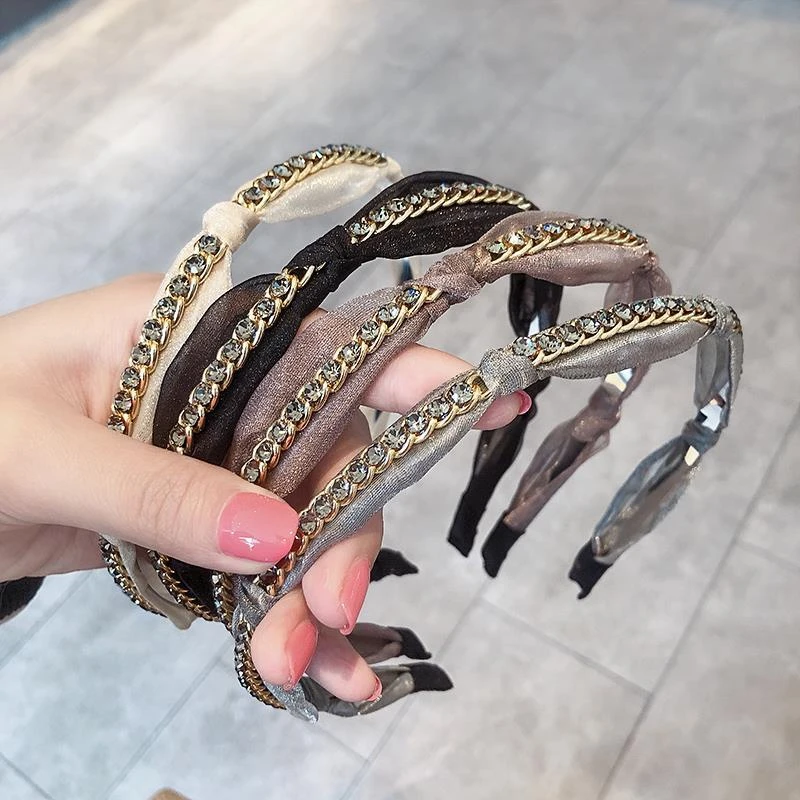 铁合金布艺发饰 链条水钻细边发箍头箍女网红质简约百搭外出发饰
