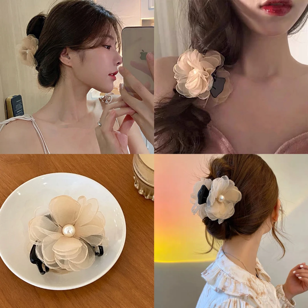 高级感珠珠花朵后脑勺超仙抓夹发饰头饰网纱气质大花法式甜美发饰