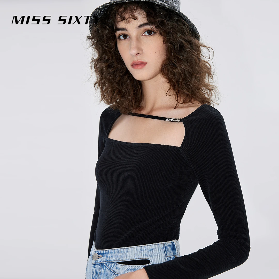 Miss Sixty镂空修身短款长袖T恤打底方领女百搭暗黑风风感波粒