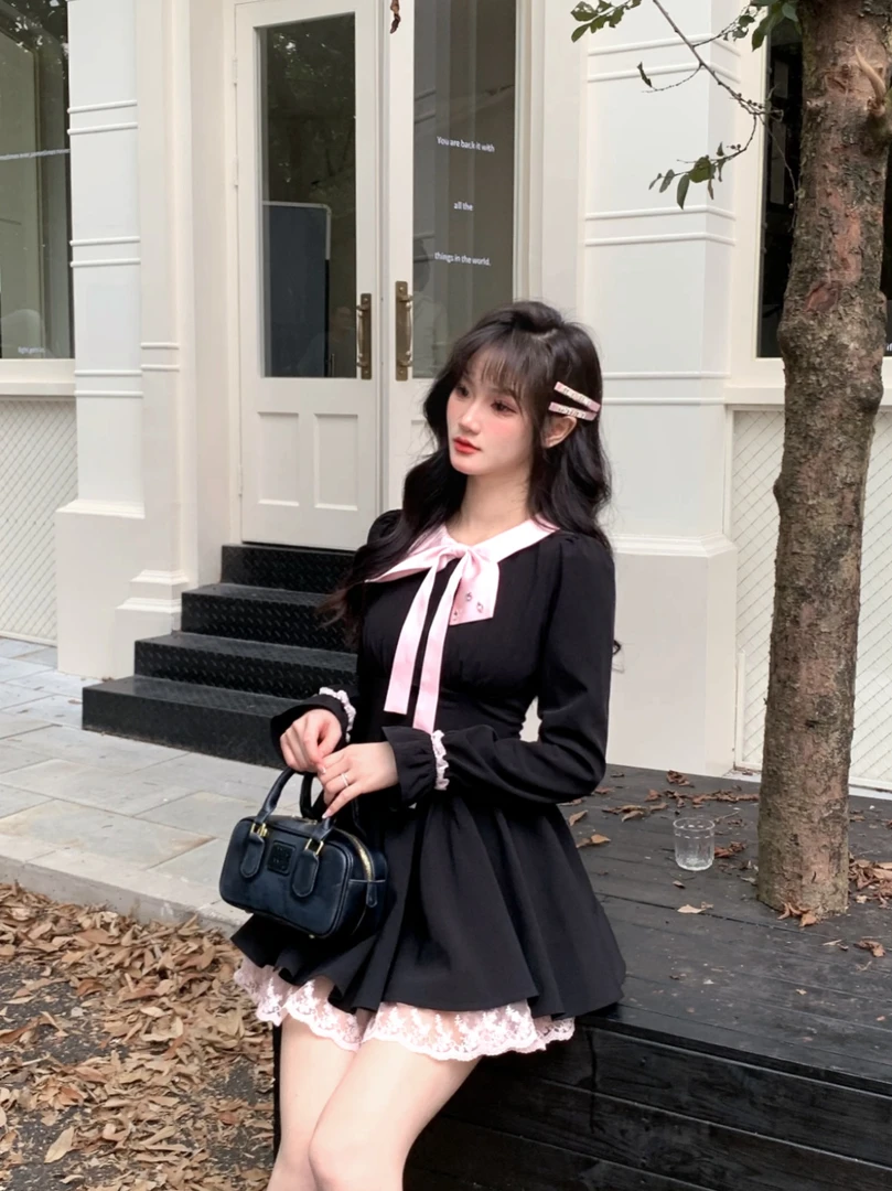 越韩小鱼粉黛赫本 法式蝴蝶结重工手工粉钻少女黑粉收腰蓬蓬裙秋
