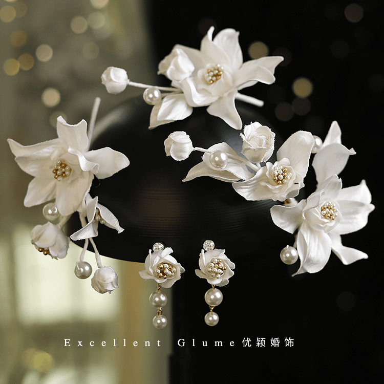 优颖精致手工白色花苞花瓣新娘发夹韩式婚纱头饰套装影