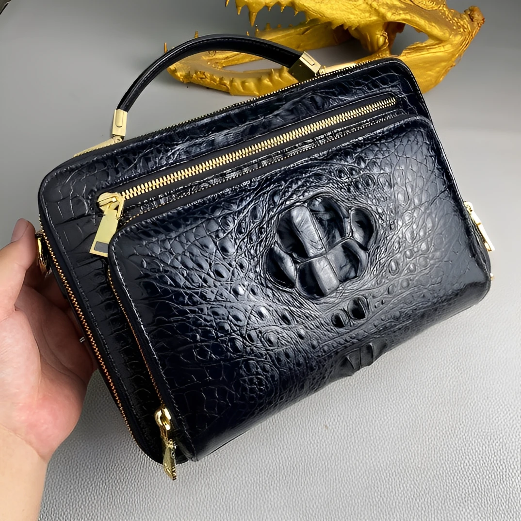 吉客鳄巴鳄鱼骨真皮男士时尚休闲手拎包单肩包休闲办公都可以百搭