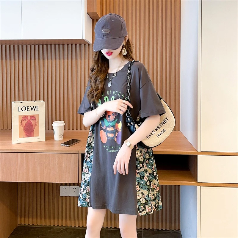 【只做100棉】夏季纯棉宽松大版碎花时尚大码显瘦拼接短袖T恤579