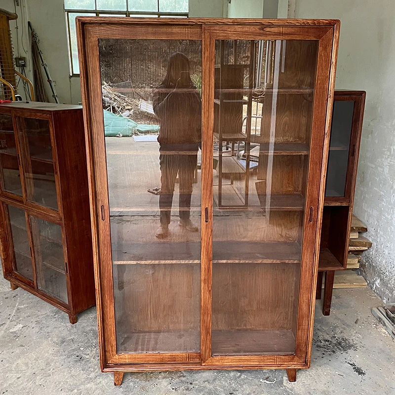 实木书柜带玻璃门手办展示柜北欧原木风落地书架办公室文件柜