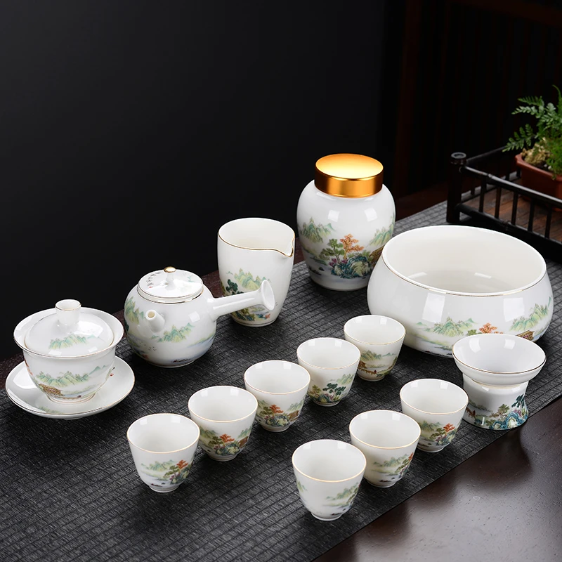 唐蕴T-羊脂玉瓷白瓷山水画功夫泡茶套装陶瓷家用品白瓷高端套装