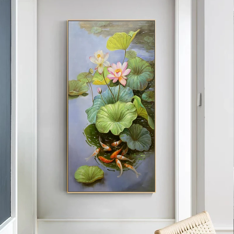 手绘油画荷花入户玄关装饰画竖版九鱼图挂画现代简约走廊过道壁画