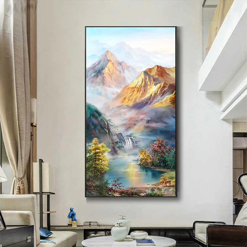 手绘玄关油画客厅沙发背景墙风景壁画现代简约走廊金山流水装饰画
