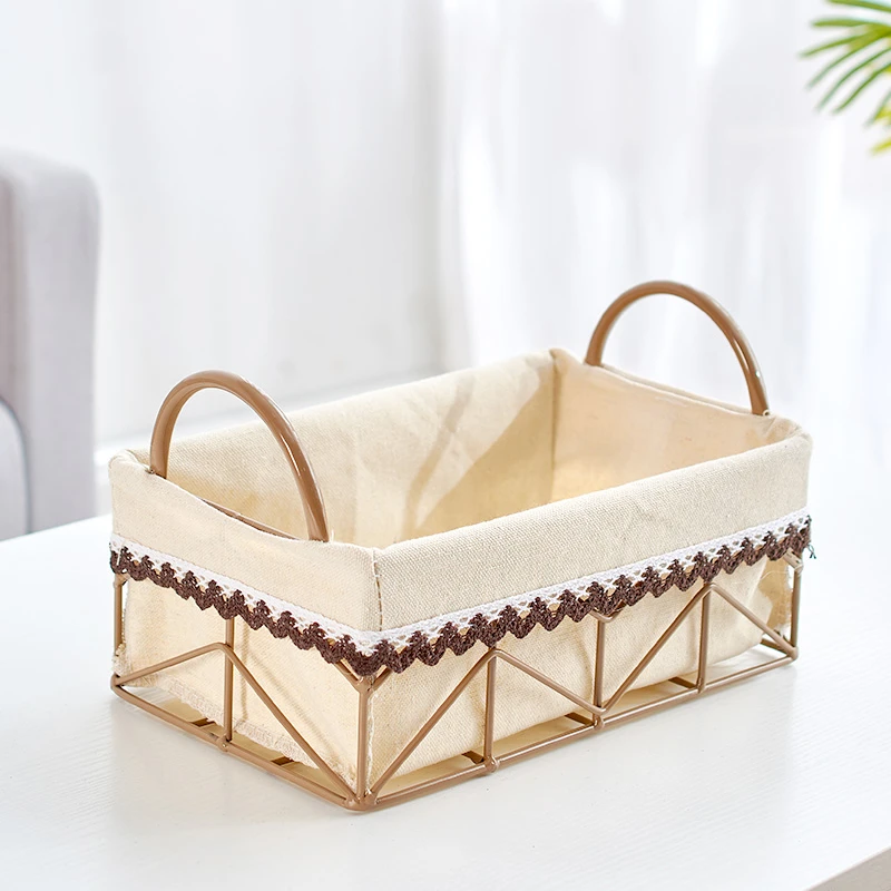 收纳篮铁艺北欧风布艺化妆品收纳筐桌面整理金属储物箱零食收纳箱