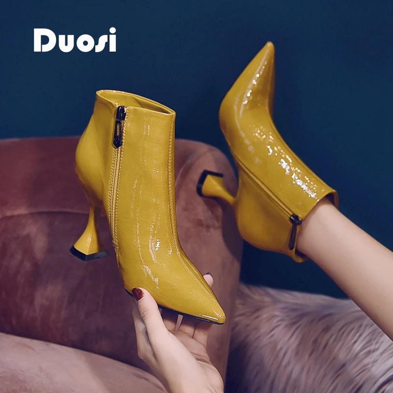 【DUOSI-1】8cm 名媛尖头漆皮高跟短靴女高跟鞋秋冬细跟 995-2