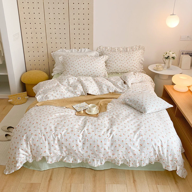 左柚家丨小碎花 韩式田园荷叶花边小清新纯棉三件四件套被套床品
