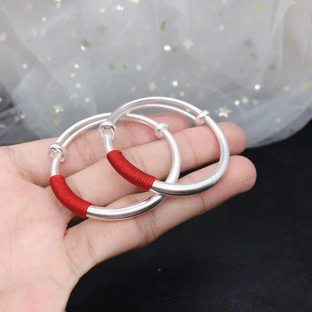 足银手镯 古法银宝宝手镯一对（缠红线）