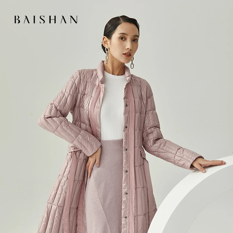 86338新款羽绒服女长款撞色织带收腰时尚立领系腰鹅绒服