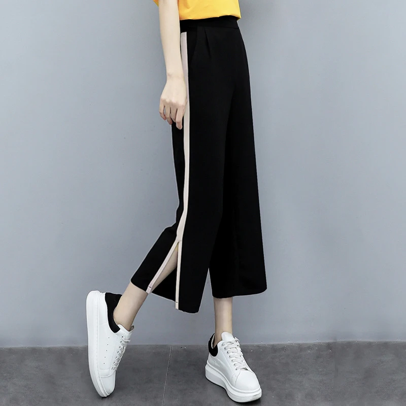 冰丝阔腿裤女夏季薄款七分开叉女裤子高腰垂感黑色七分运动休闲裤