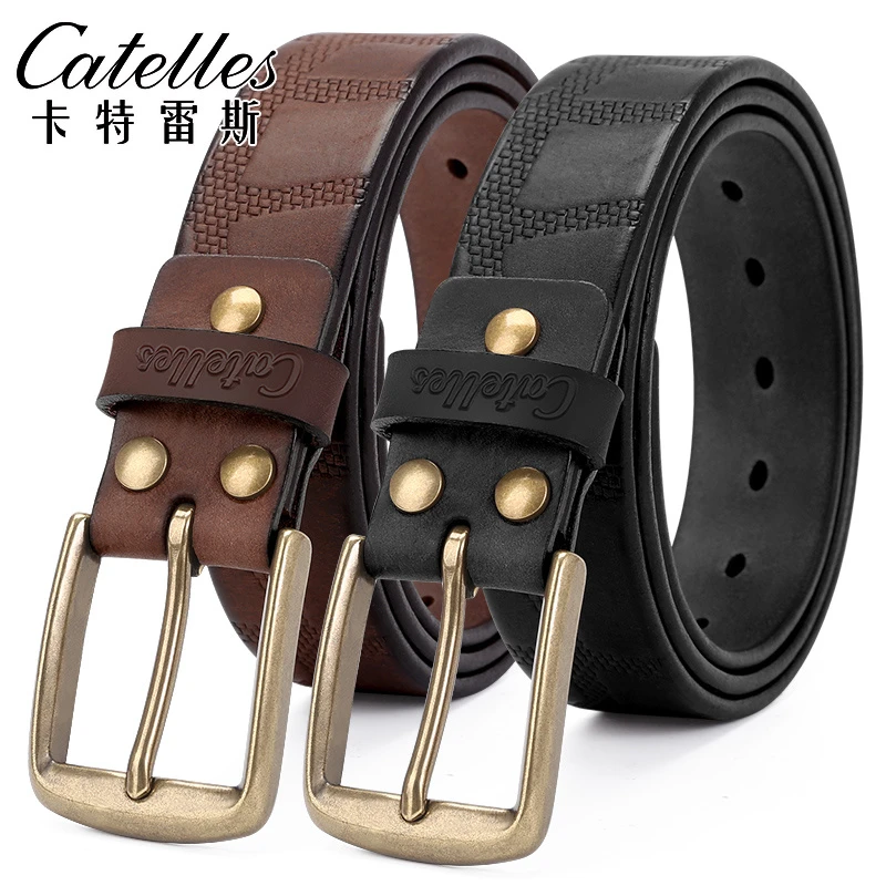 【双11狂欢价】CATELLES加厚5MM层牛皮男士皮带复古时尚铜扣腰带