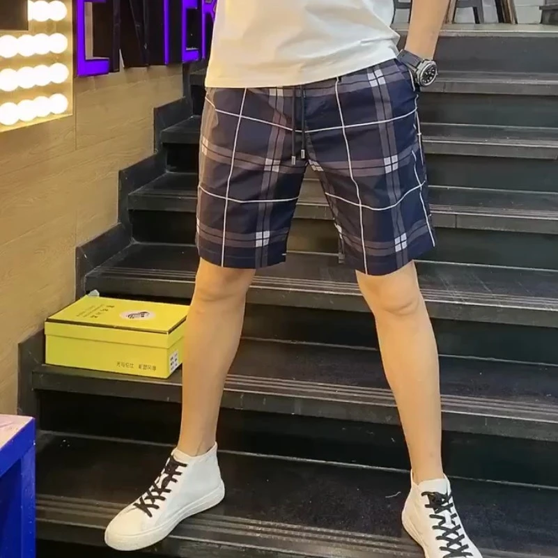 2669夏季男士潮流韩版修身短裤休闲裤时尚百搭薄款宽松格子印花