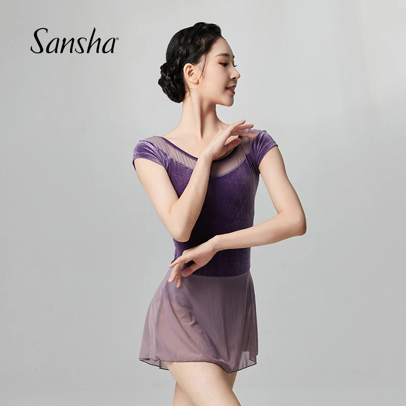 Sansha/三沙舞蹈服成人芭蕾舞练功服短袖绒面网纱连体裙53BA1008P