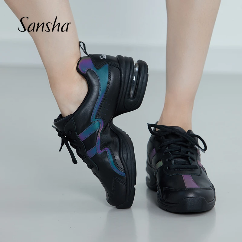 Sansha/三沙现代舞鞋女士爵士舞软底中跟透气皮面广场舞鞋H190910