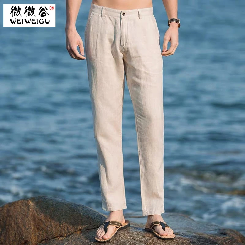 新款亚麻休闲裤男直筒裤宽松夏季薄款棉麻男裤100%纯亚麻男套装