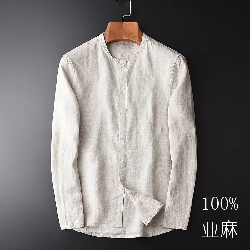亚麻衬衫男长袖春秋装薄款宽松休闲棉麻衬衣立领复古中国风上衣潮