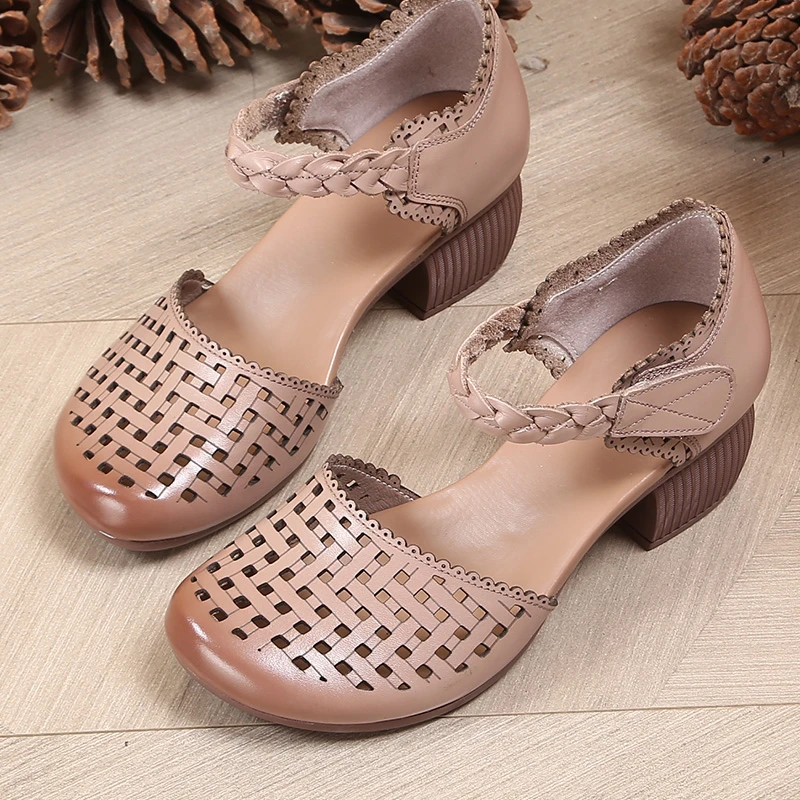 7811中跟包头凉鞋女真皮女鞋软底中老年夏季妈妈鞋透气牛皮中年