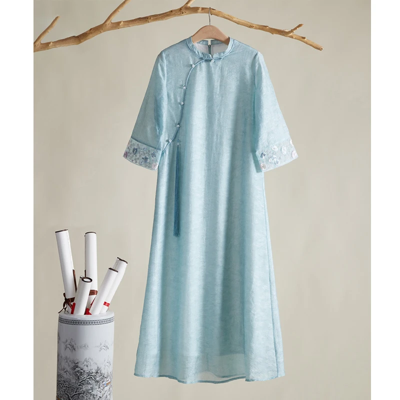 【山间黛】天丝提花面料 三种色银线刺绣 茶服小立领中式宽松连衣裙