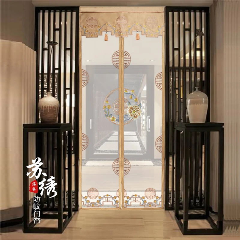 新中式防蚊门帘刺绣家用免打孔整条磁铁自吸隔断帘子夏季新款门帘