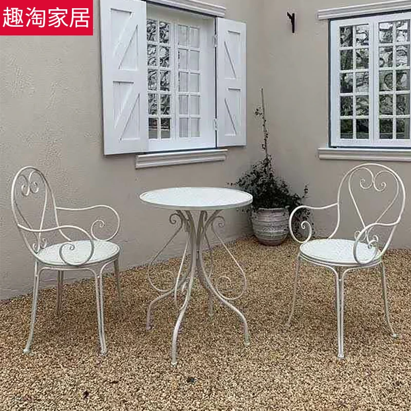 趣淘新款户外别墅美式乡村复古铁艺桌椅套装花园庭院露台摆件白色