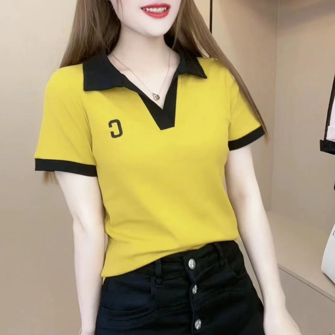 翻领短袖t恤女v领白色夏季女装2023春夏新款修身休闲Polo体桖上衣