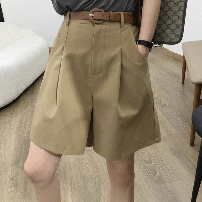 薄款卡其色短裤女2025夏新款宽松大码女装高腰阔腿休闲五分中裤子
