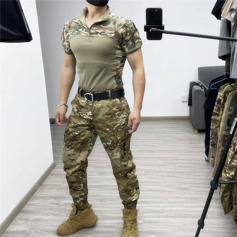 春夏男女户外战术迷彩长短袖套装新蛙服弹力健身T恤束小脚裤透气