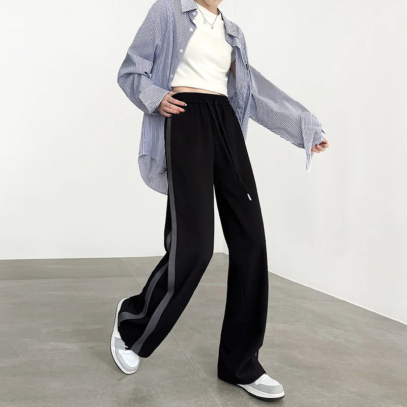 拼接阔腿裤女春秋2025新款高腰垂感抽绳运动裤休闲窄版直筒西装裤