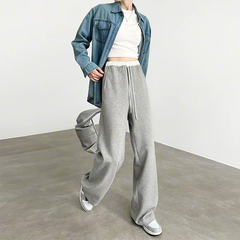 灰色阔腿卫裤女春秋2025新款高腰抽绳拼接腰头宽松休闲直筒运动裤