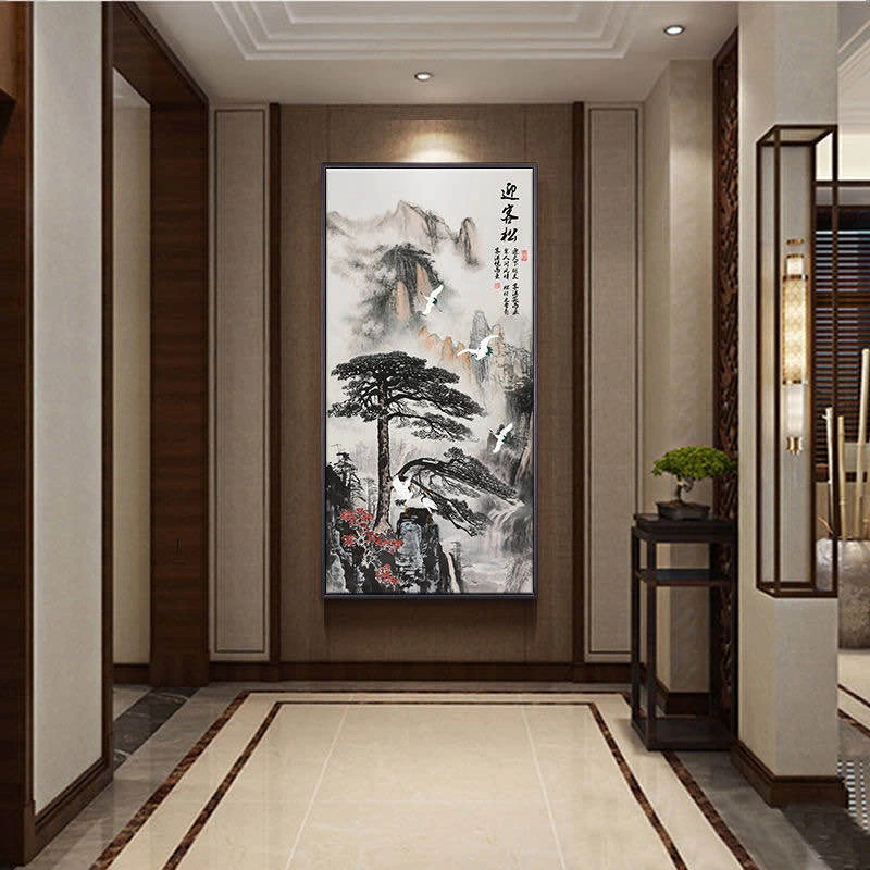 玄关画迎客松山水画走廊过道入户玄关画晶瓷镶钻装饰画快递包邮