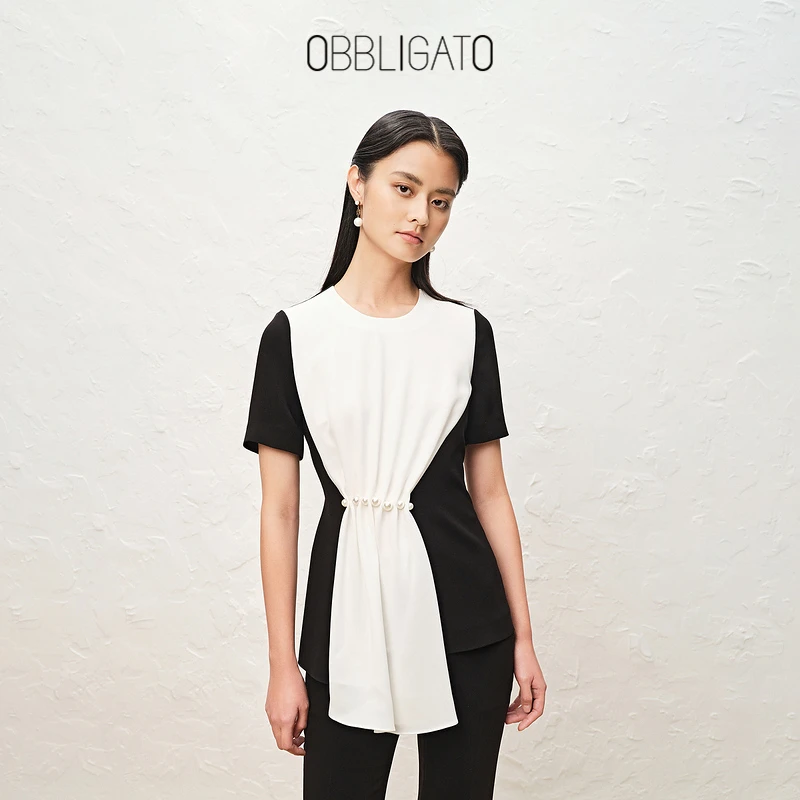 OBBLIGATO奥丽嘉朵夏季1C32270120黑白撞色钉珍珠收褶三醋纤上衣
