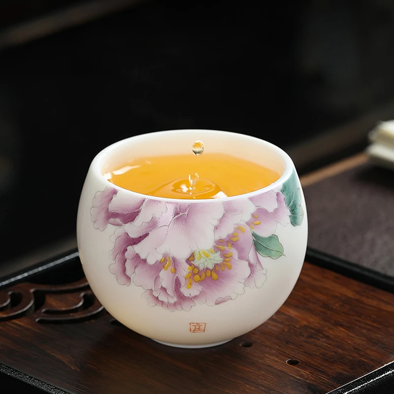 庄晓明大师陶瓷手绘富贵吉祥圆满杯紫牡丹茶杯功夫茶具单个主人杯