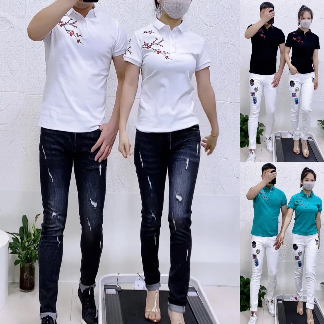 855时尚梅花枝刺绣夏季男装短袖polo衫翻领（深色裤子是黑色）