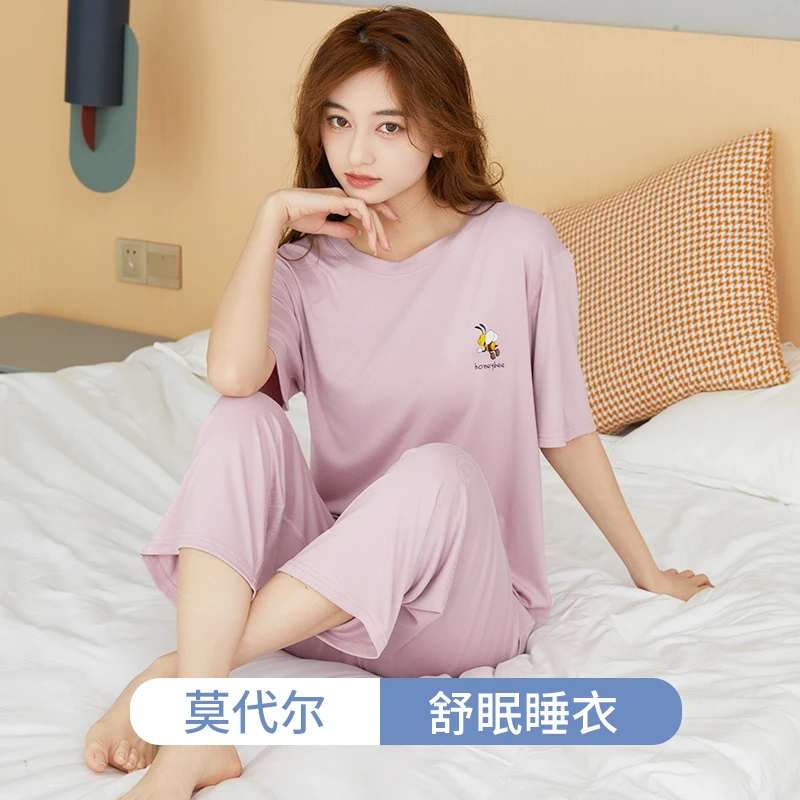莫代尔女士短袖睡衣女套装七分裤家居服宽松休闲透气空调服大码夏