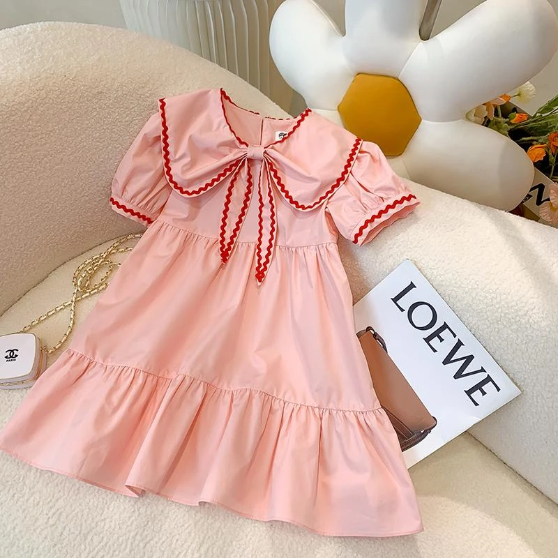 2025夏季新款女童短袖连衣裙娃娃领蝴蝶结粉色a字裙
