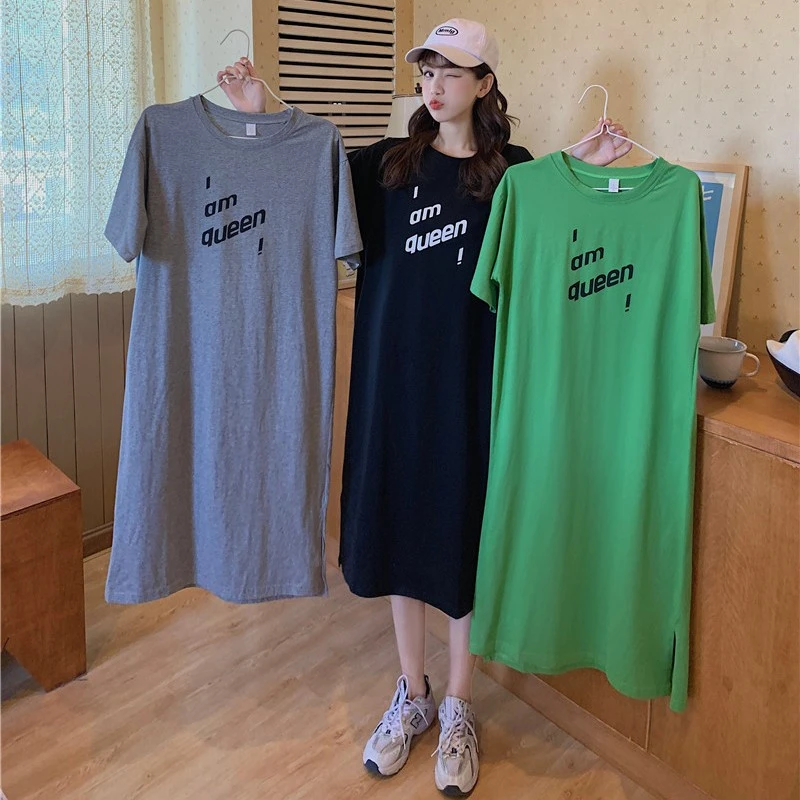 2025春夏新款字母印花纯棉短袖连衣裙女宽松外穿长款过膝开叉裙子