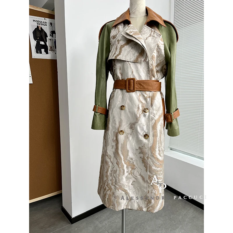 AP洛哥17745 半植鞣雪花纹羊皮 撞色拼皮色织肌理感收腰风衣