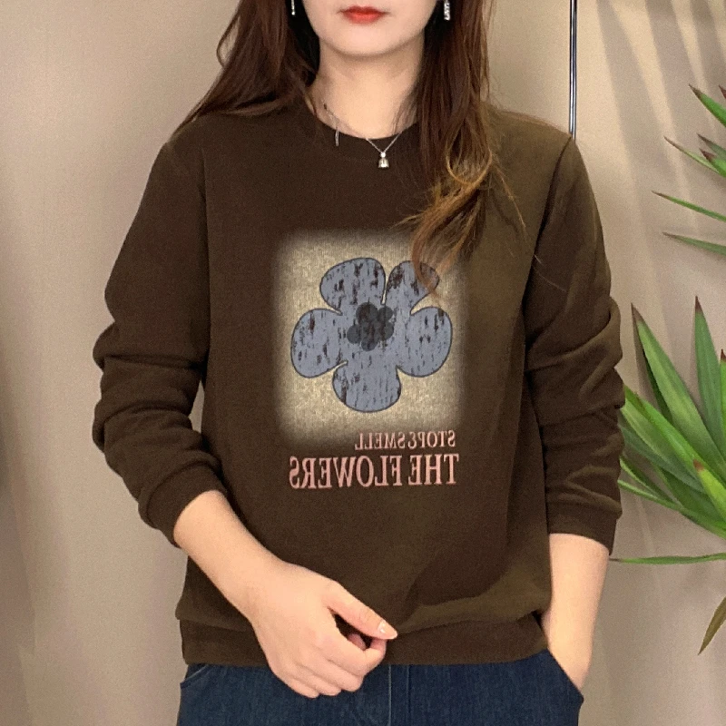 秋冬加绒卫衣洋气休闲圆领女宽松大码体恤妈妈装春秋季印花上衣