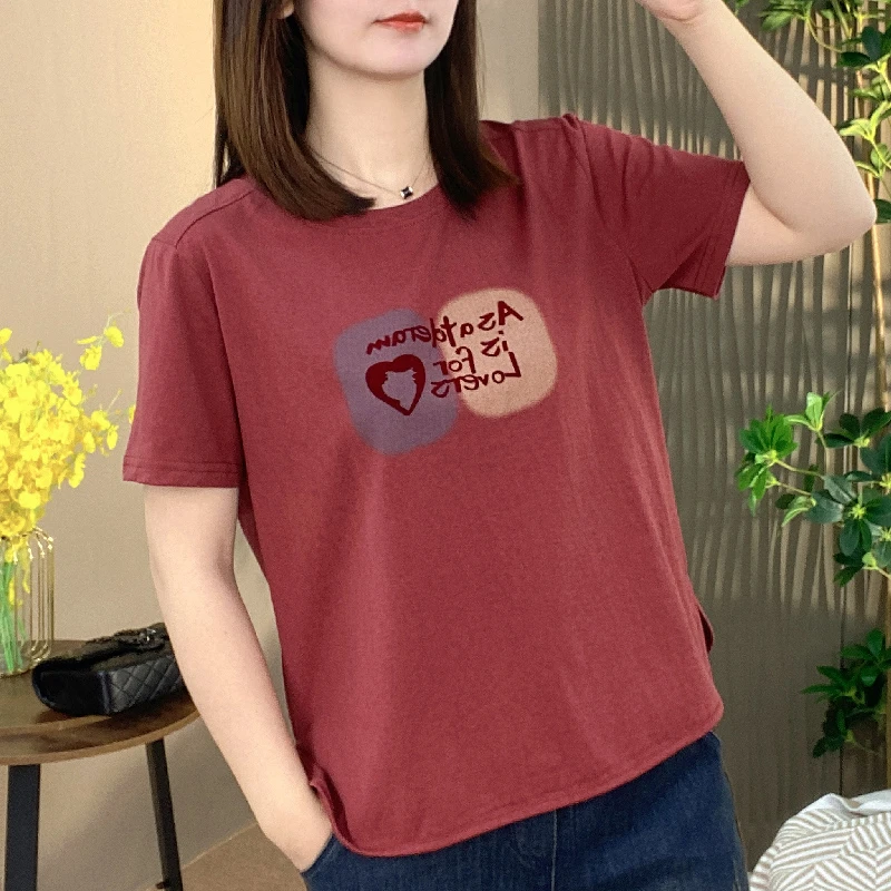 2025新款夏装女短袖棉质圆领T恤上衣休闲宽松印花薄款大码女装