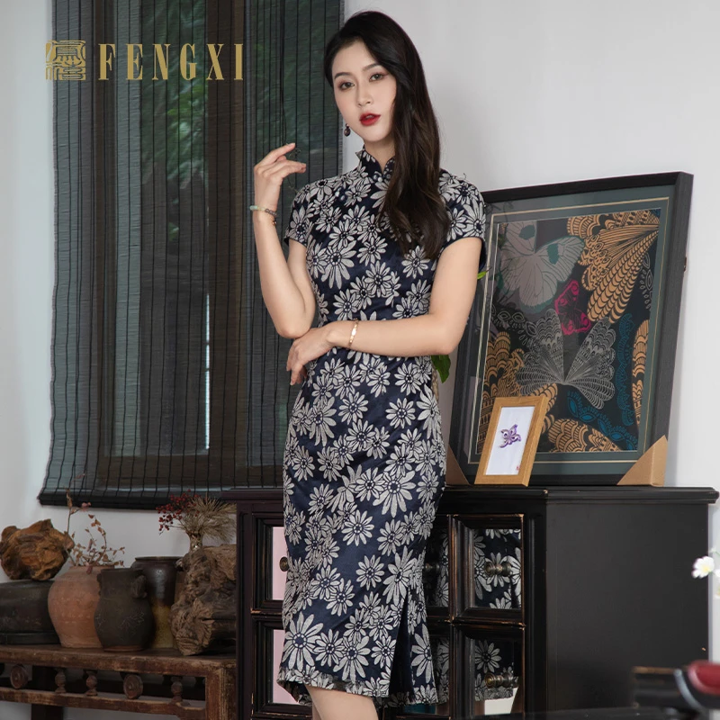 凤禧凤禧蕾丝网纱显瘦女印花日常改良复古花朵短款开衩素雅旗袍