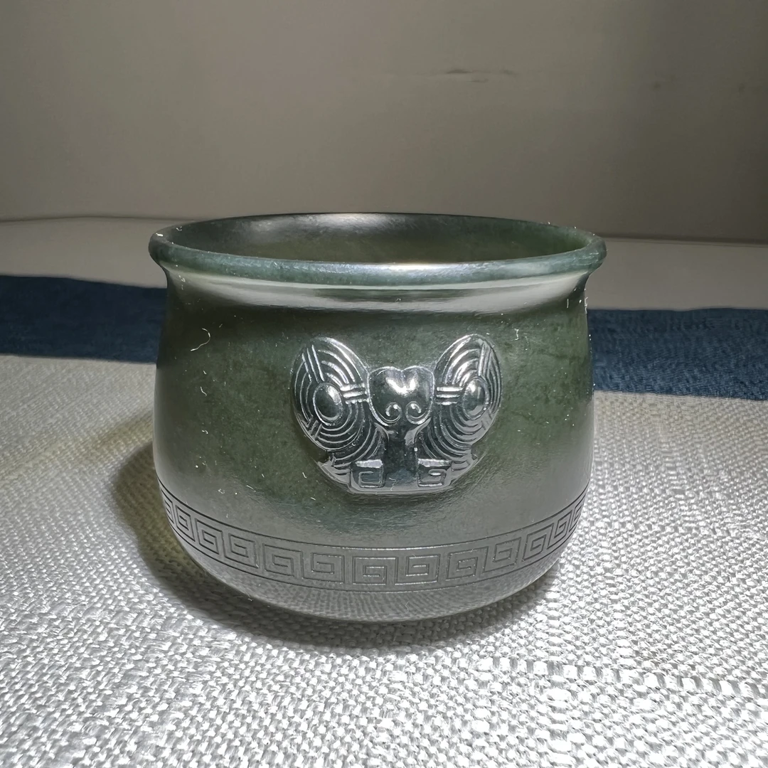 050012 和田玉青玉 灵芝兽头双耳杯