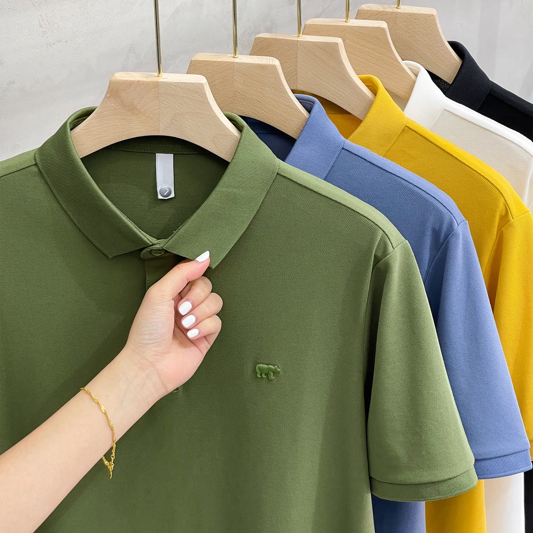 2024夏季净色翻领短袖POLO衫男士修身韩版小犀牛刺绣百搭半袖T恤